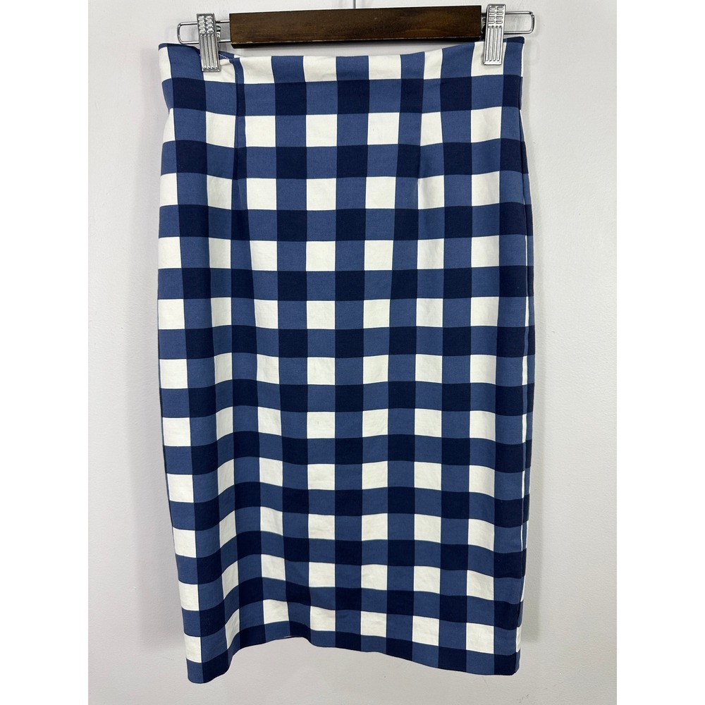 Boden Gingham Pencil Skirt Womens 4R Blue White Check Cotton Stretch Knee Length